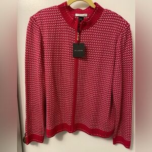 St. John Sport Raspberry and White zip front Sweater. Size XL. NWT
